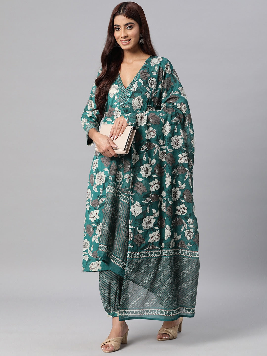 Cotton Printed Straight Kurta Salwar Dupatta Set (Sea Green)