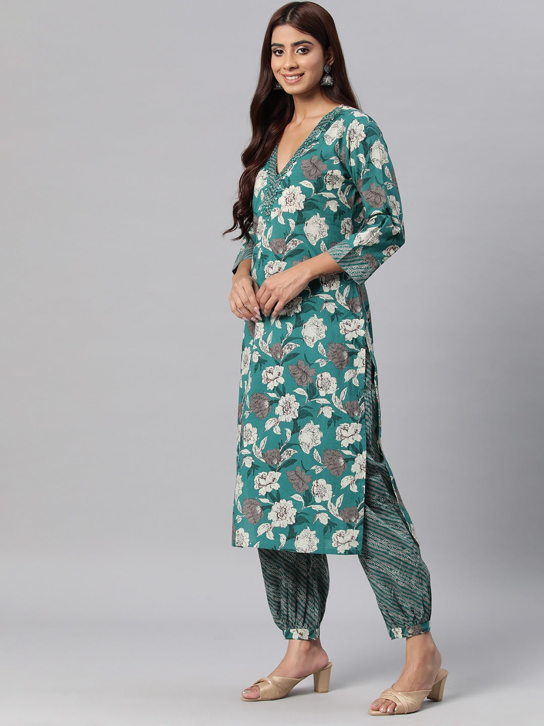 Cotton Printed Straight Kurta Salwar Dupatta Set (Sea Green)
