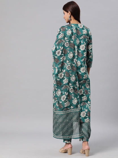 Cotton Printed Straight Kurta Salwar Dupatta Set (Sea Green)