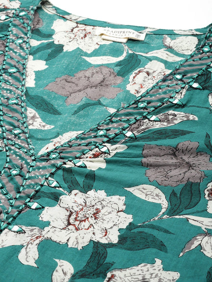 Cotton Printed Straight Kurta Salwar Dupatta Set (Sea Green)