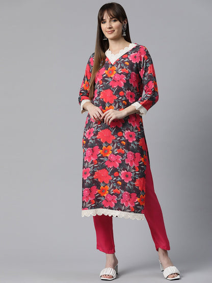 Floral Print Kurta & Pant (Pink)