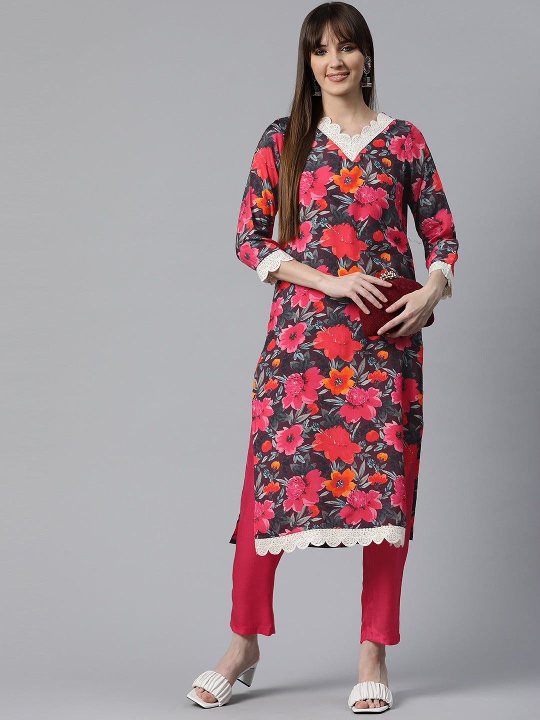 Floral Print Kurta & Pant (Pink)