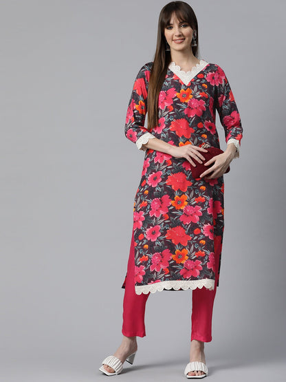 Floral Print Kurta & Pant (Pink)