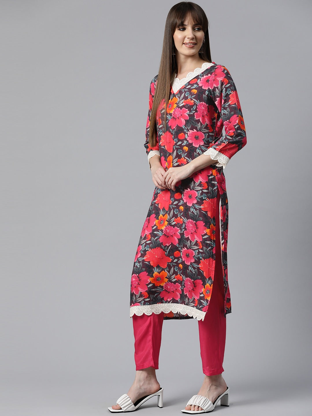 Floral Print Kurta & Pant (Pink)
