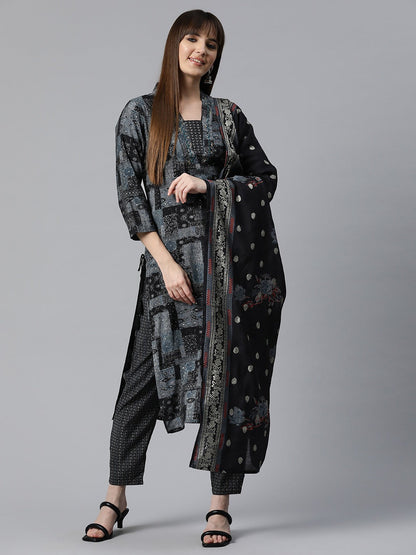 Printed Kurta Pant & Dupatta (Black)