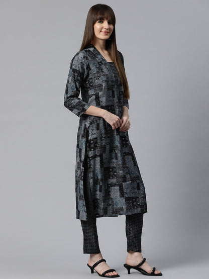 Printed Kurta Pant & Dupatta (Black)