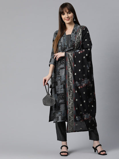 Printed Kurta Pant & Dupatta (Black)
