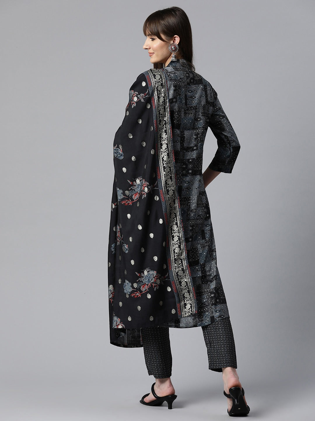 Printed Kurta Pant & Dupatta (Black)