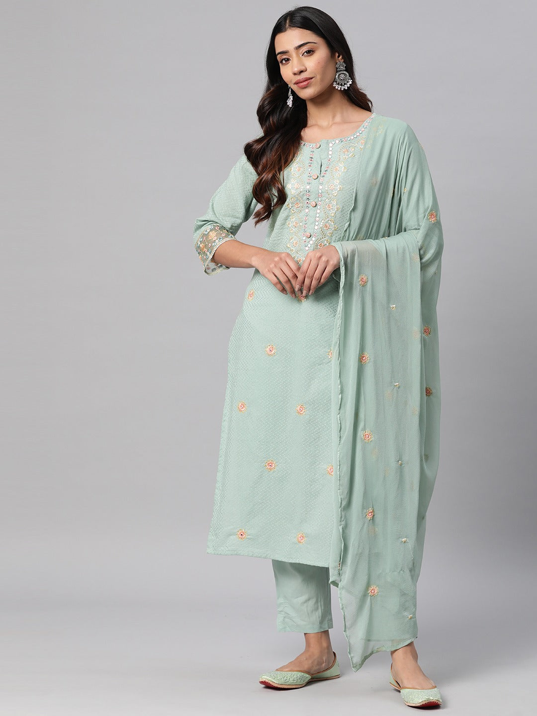 Cotton Floral Straight Kurta Pant & Dupatta