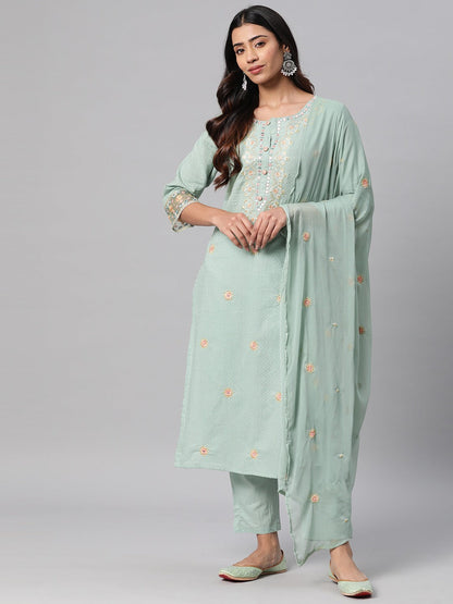 Cotton Floral Straight Kurta Pant & Dupatta