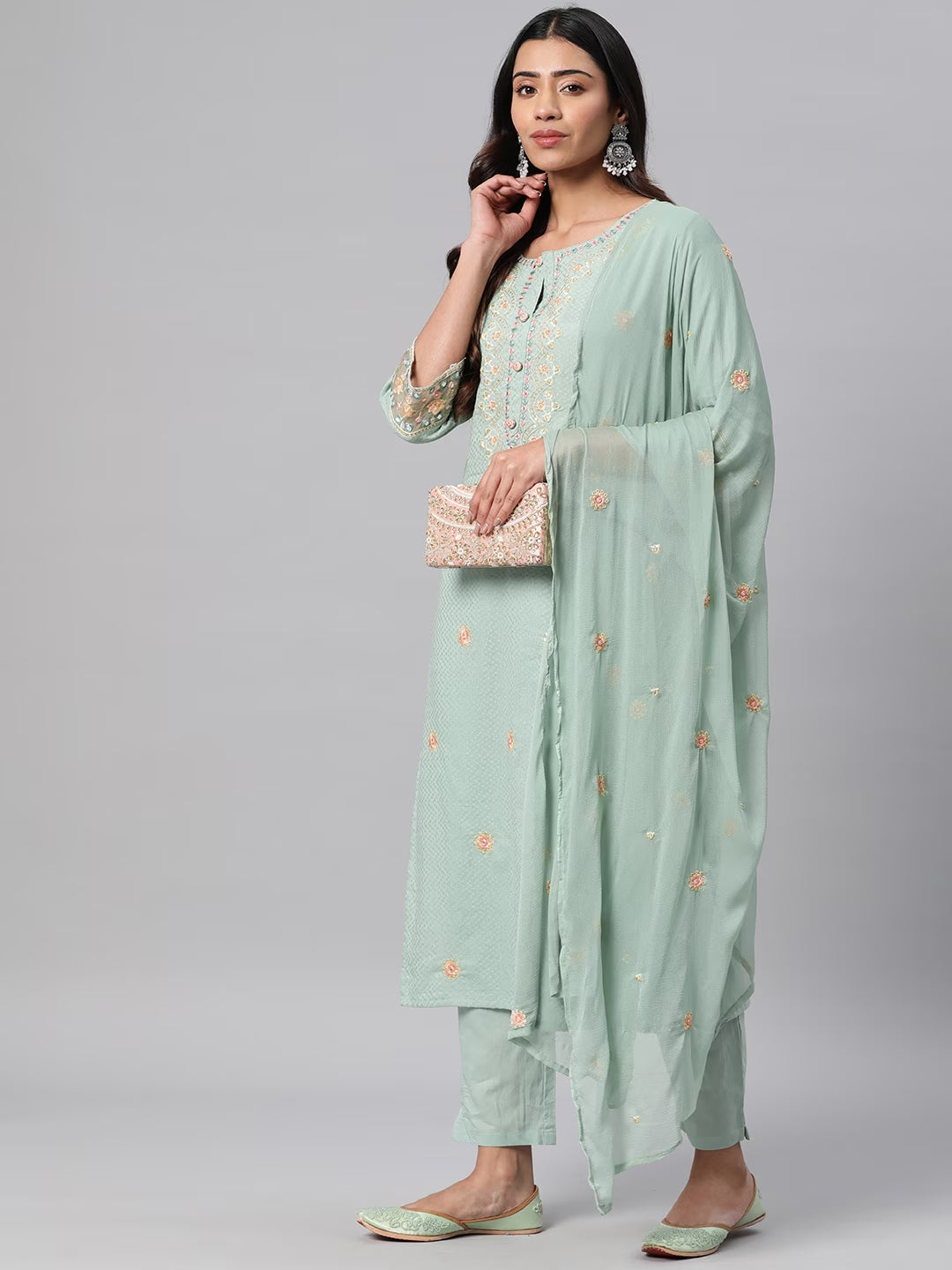 Cotton Floral Straight Kurta Pant & Dupatta