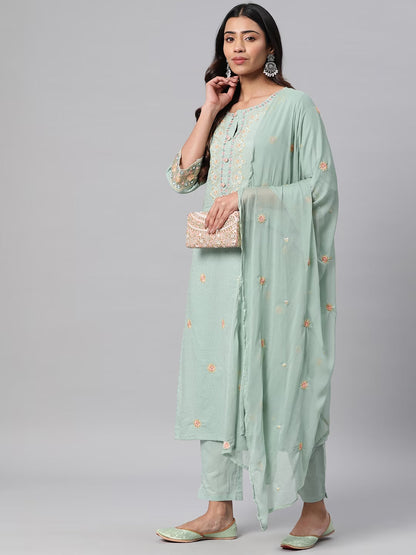 Cotton Floral Straight Kurta Pant & Dupatta