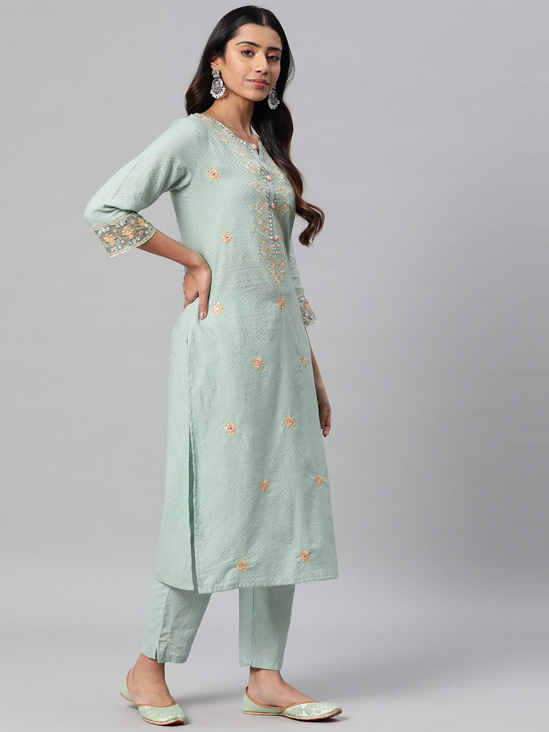 Cotton Floral Straight Kurta Pant & Dupatta