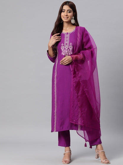 Pure Silk Floral Straight Kurta Pant & Dupatta