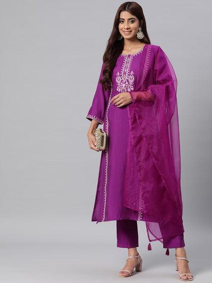 Pure Silk Floral Straight Kurta Pant & Dupatta