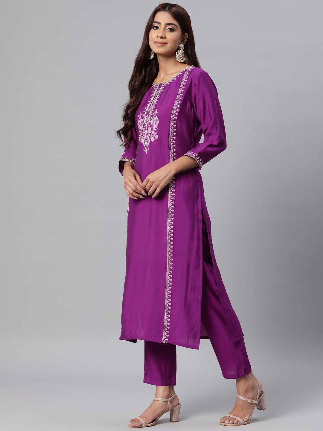 Pure Silk Floral Straight Kurta Pant & Dupatta