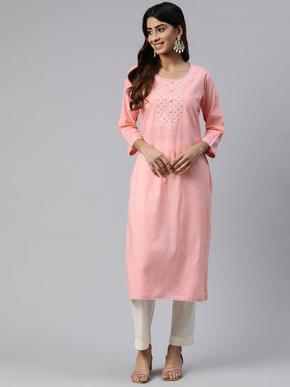 Straight Style Cotton Fabric Pink Color Embroidered Work Kurti With Palazzo