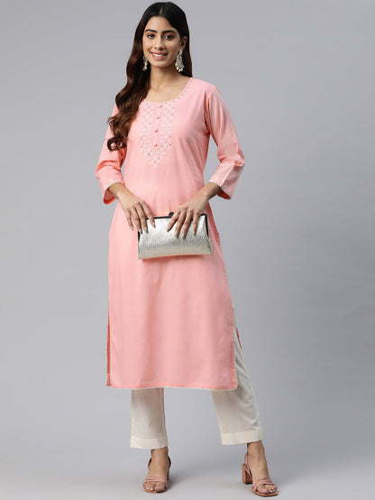 Straight Style Cotton Fabric Pink Color Embroidered Work Kurti With Palazzo