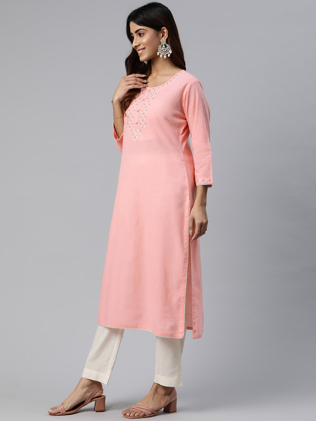 Straight Style Cotton Fabric Pink Color Embroidered Work Kurti With Palazzo
