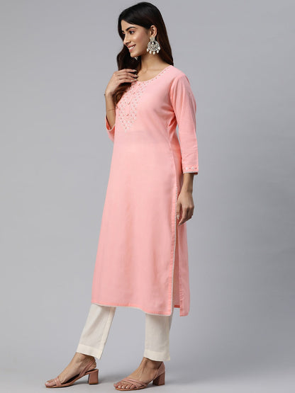 Straight Style Cotton Fabric Pink Color Embroidered Work Kurti With Palazzo