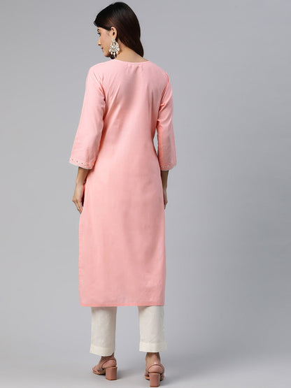 Straight Style Cotton Fabric Pink Color Embroidered Work Kurti With Palazzo