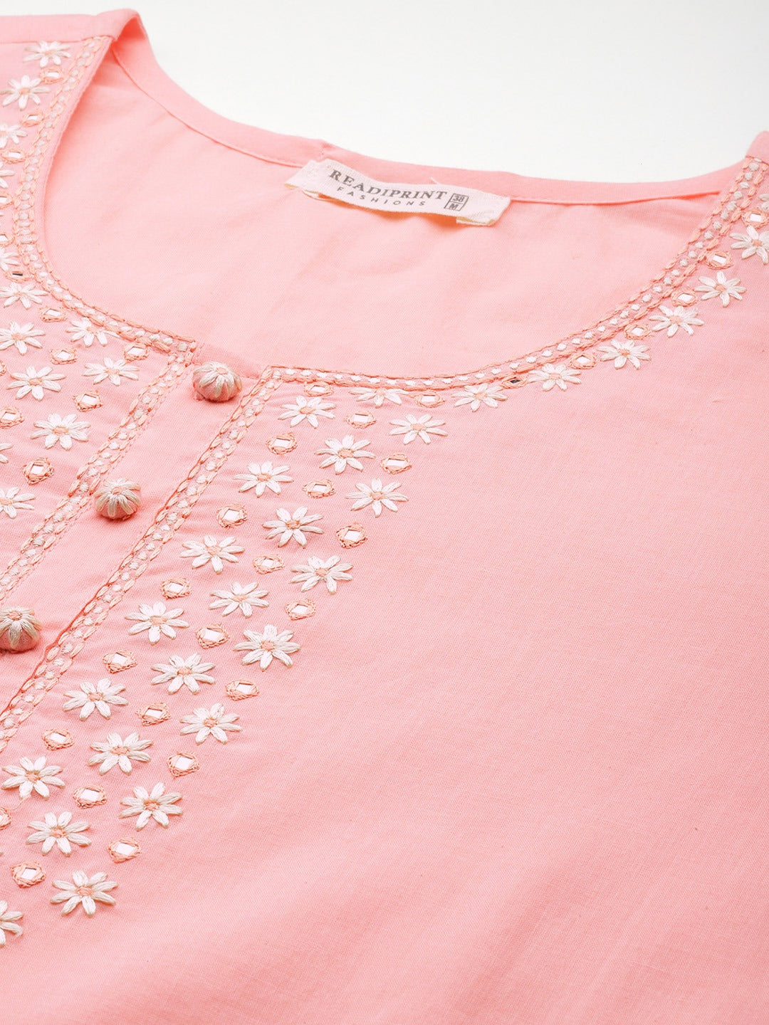 Straight Style Cotton Fabric Pink Color Embroidered Work Kurti With Palazzo