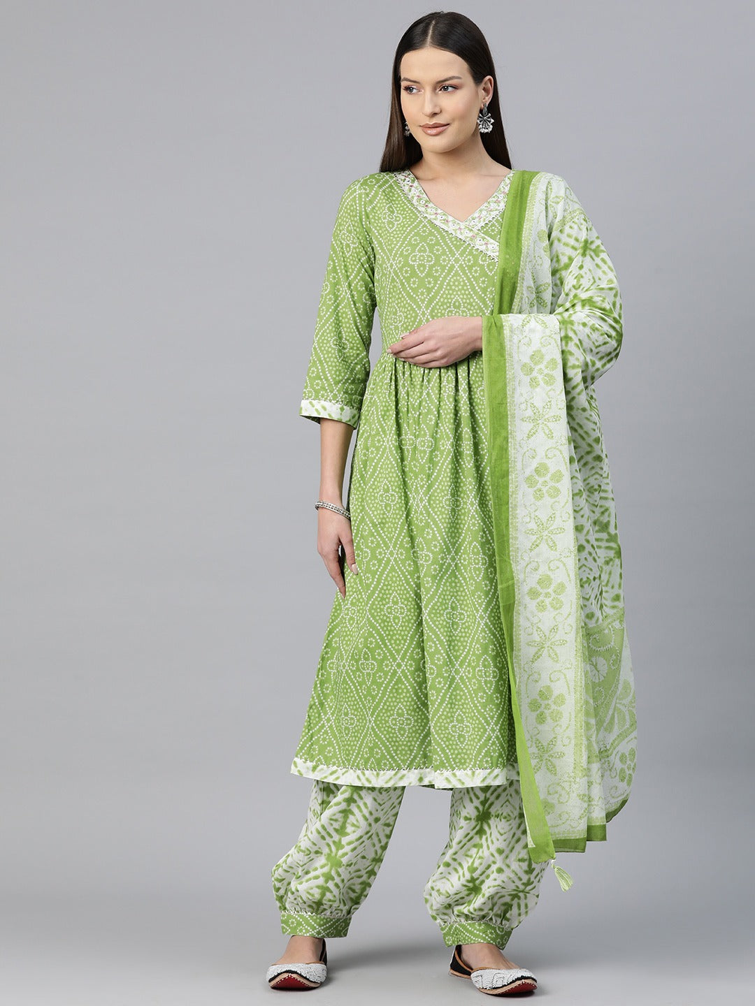 Angrakha Style Cotton Fabric Green Color Bandhej Printed Kurti With Patiala And Dupatta