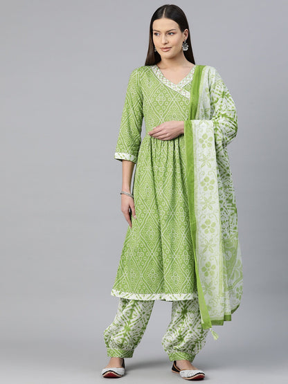 Angrakha Style Cotton Fabric Green Color Bandhej Printed Kurti With Patiala And Dupatta