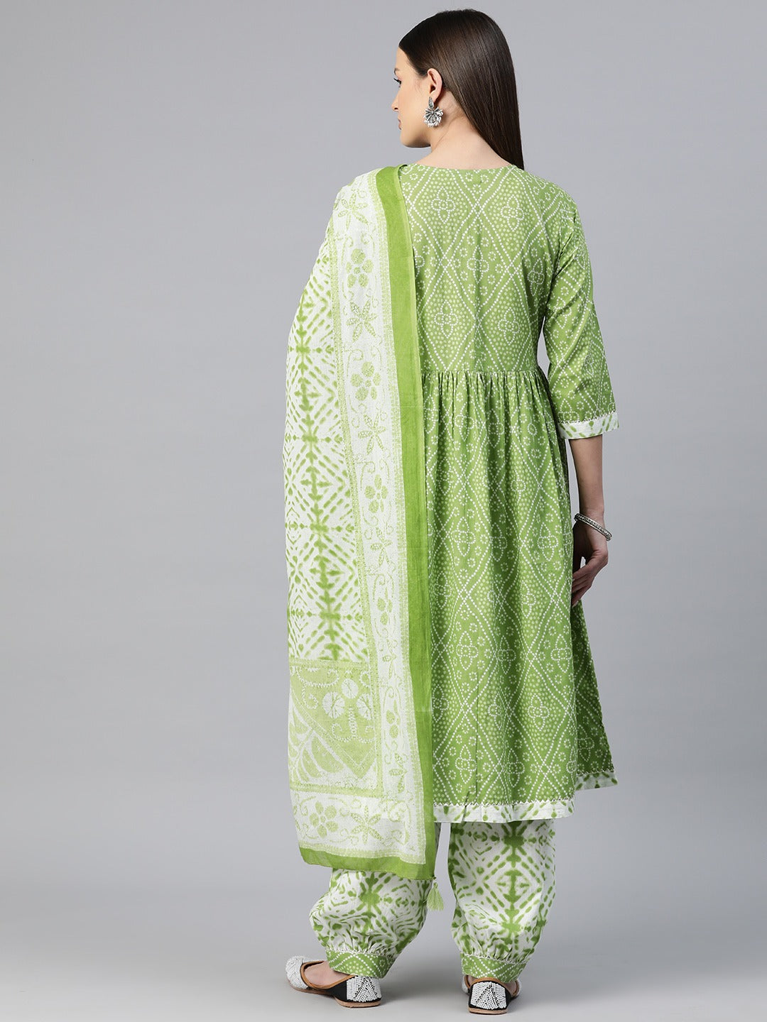 Angrakha Style Cotton Fabric Green Color Bandhej Printed Kurti With Patiala And Dupatta