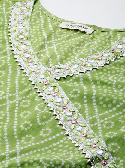 Angrakha Style Cotton Fabric Green Color Bandhej Printed Kurti With Patiala And Dupatta