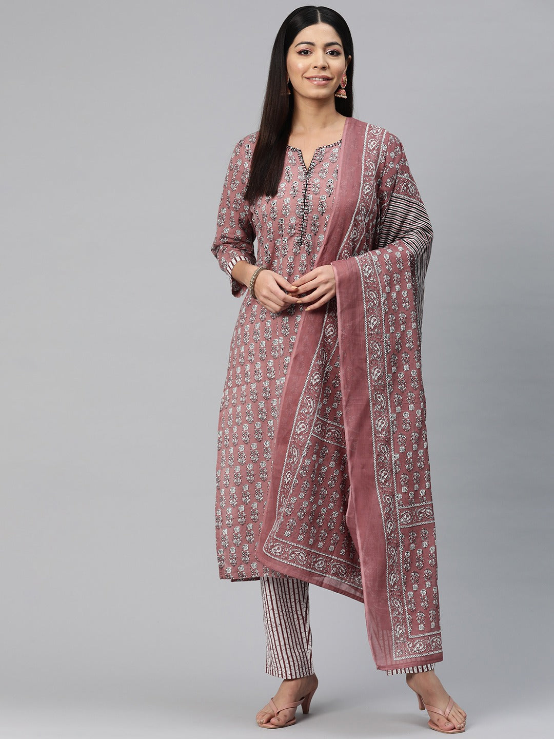 Straight Style Cotton Fabric Mauve Color Printed Kurti With Palazzo And Dupatta With Printed Work