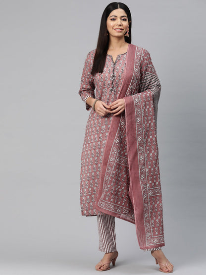 Straight Style Cotton Fabric Mauve Color Printed Kurti With Palazzo And Dupatta With Printed Work