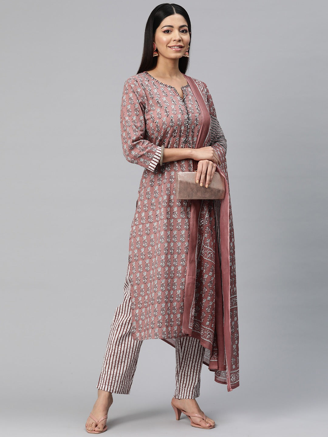 Straight Style Cotton Fabric Mauve Color Printed Kurti With Palazzo And Dupatta With Printed Work