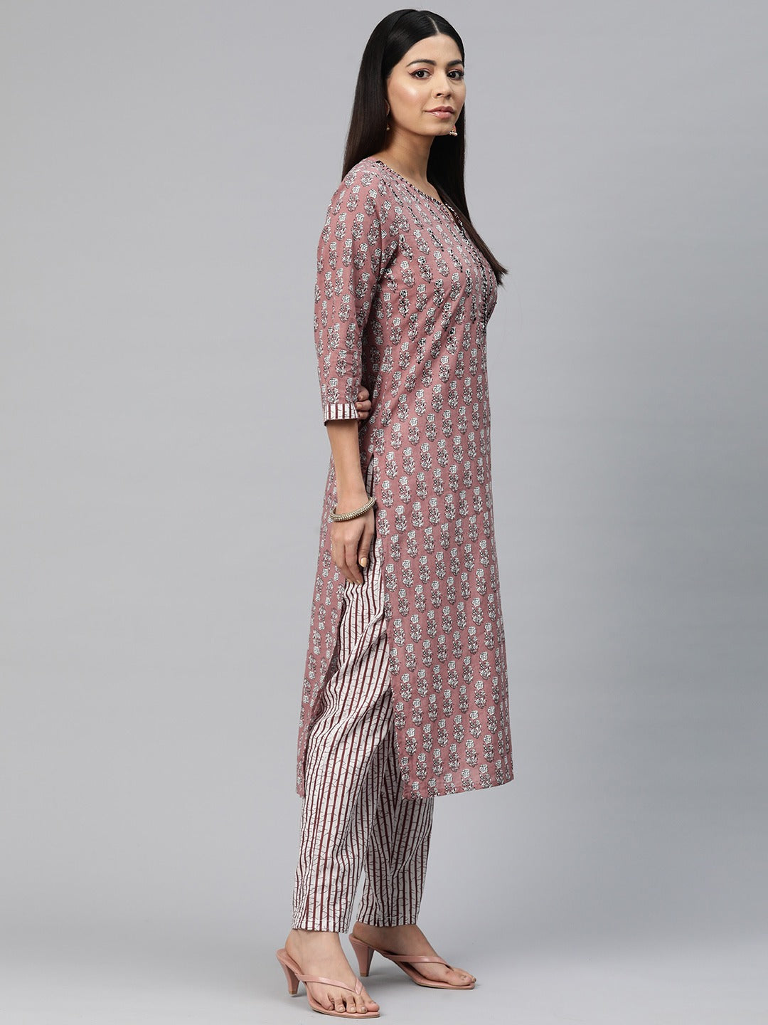 Straight Style Cotton Fabric Mauve Color Printed Kurti With Palazzo And Dupatta With Printed Work