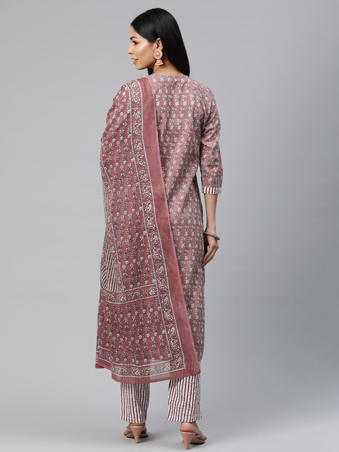 Straight Style Cotton Fabric Mauve Color Printed Kurti With Palazzo And Dupatta With Printed Work