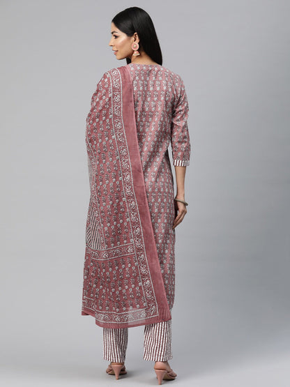 Straight Style Cotton Fabric Mauve Color Printed Kurti With Palazzo And Dupatta With Printed Work