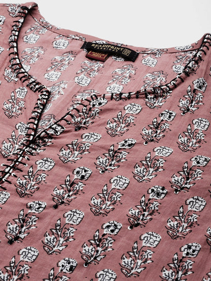 Straight Style Cotton Fabric Mauve Color Printed Kurti With Palazzo And Dupatta With Printed Work