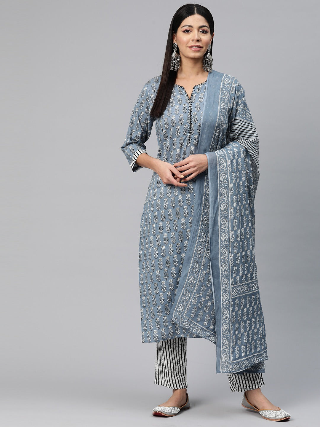 Straight Style Cotton Fabric Grey Color Printed Kurti With Palazzo And Dupatta With Printed Work