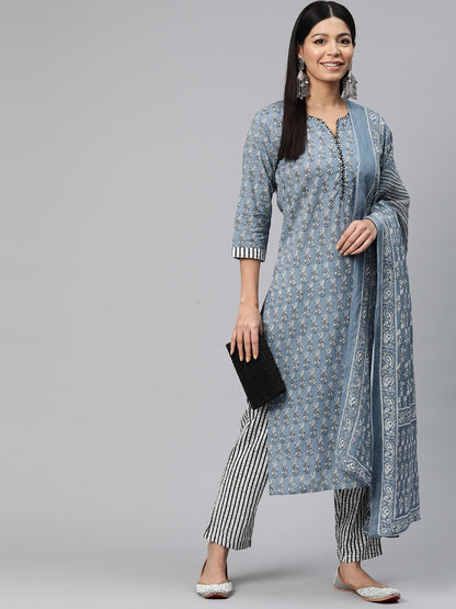Straight Style Cotton Fabric Grey Color Printed Kurti With Palazzo And Dupatta With Printed Work