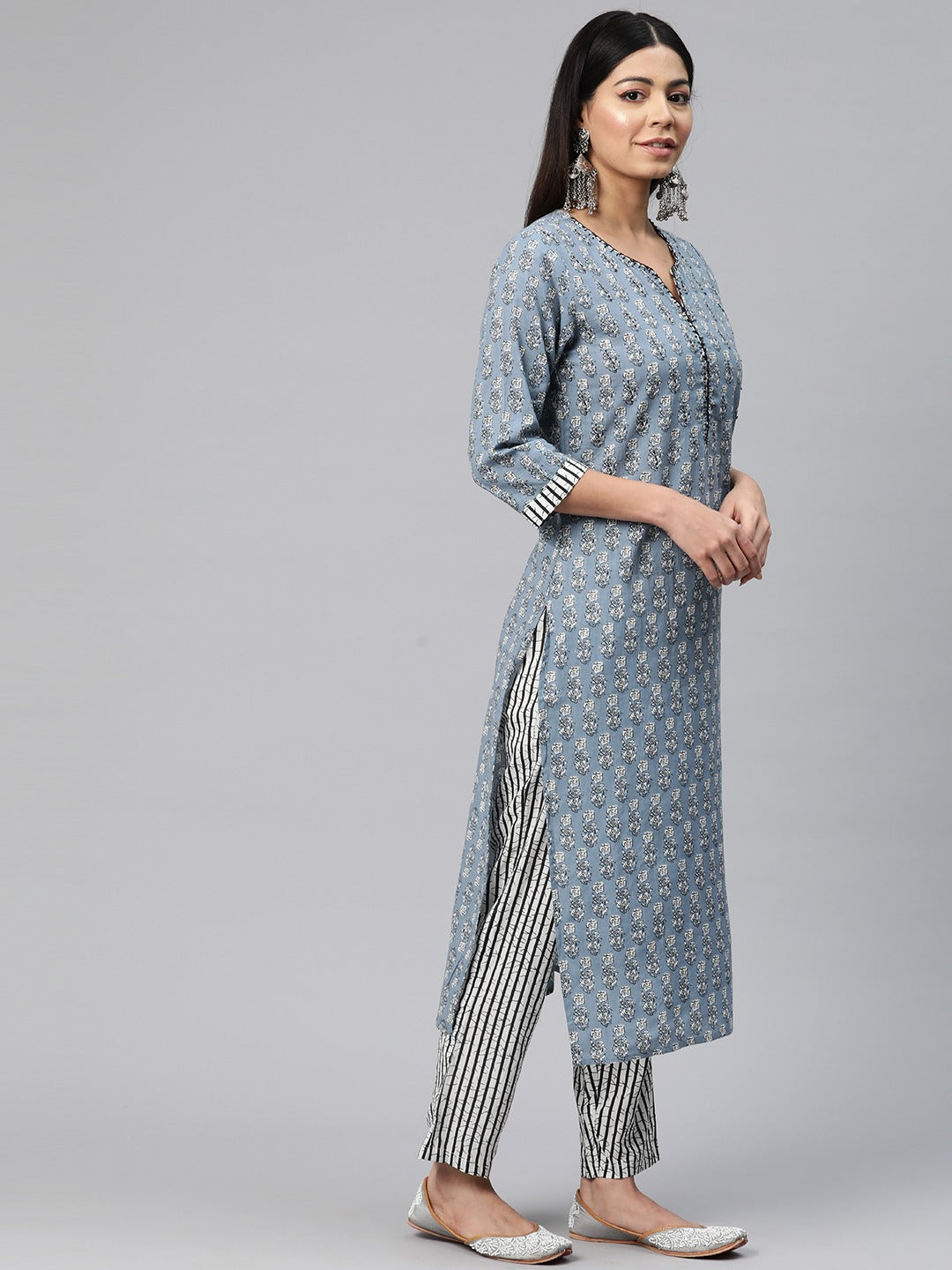 Straight Style Cotton Fabric Grey Color Printed Kurti With Palazzo And Dupatta With Printed Work