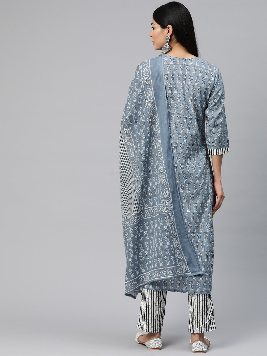 Straight Style Cotton Fabric Grey Color Printed Kurti With Palazzo And Dupatta With Printed Work