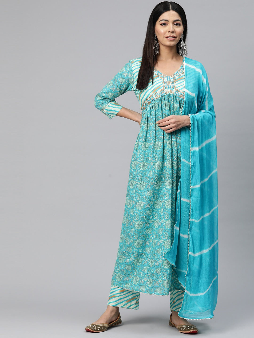 Anarkali Style Cotton Fabric Turquoise Blue Color Floral Printed Kurti With Palazzo And Dupatta With Gotta Lace Work