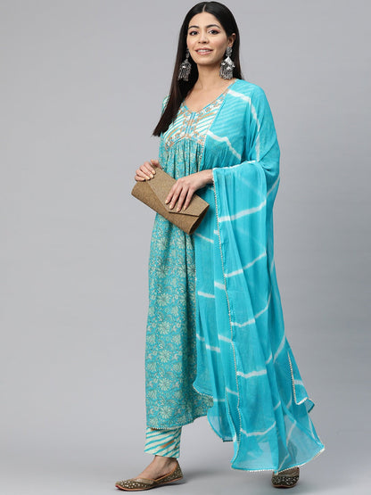 Anarkali Style Cotton Fabric Turquoise Blue Color Floral Printed Kurti With Palazzo And Dupatta With Gotta Lace Work