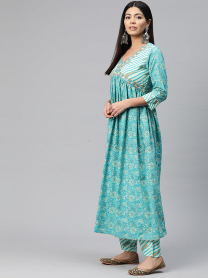 Anarkali Style Cotton Fabric Turquoise Blue Color Floral Printed Kurti With Palazzo And Dupatta With Gotta Lace Work