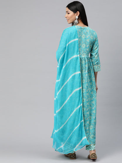 Anarkali Style Cotton Fabric Turquoise Blue Color Floral Printed Kurti With Palazzo And Dupatta With Gotta Lace Work