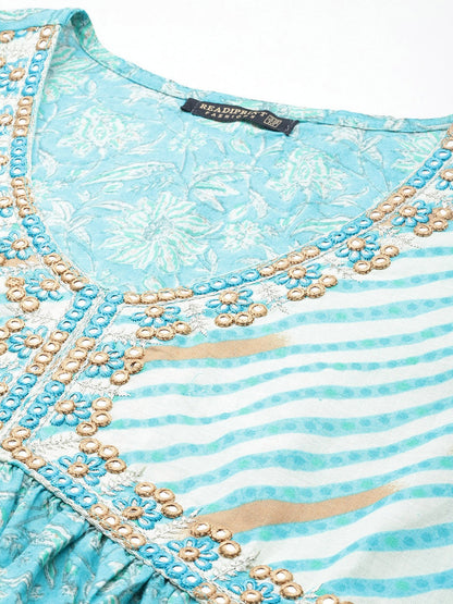 Anarkali Style Cotton Fabric Turquoise Blue Color Floral Printed Kurti With Palazzo And Dupatta With Gotta Lace Work