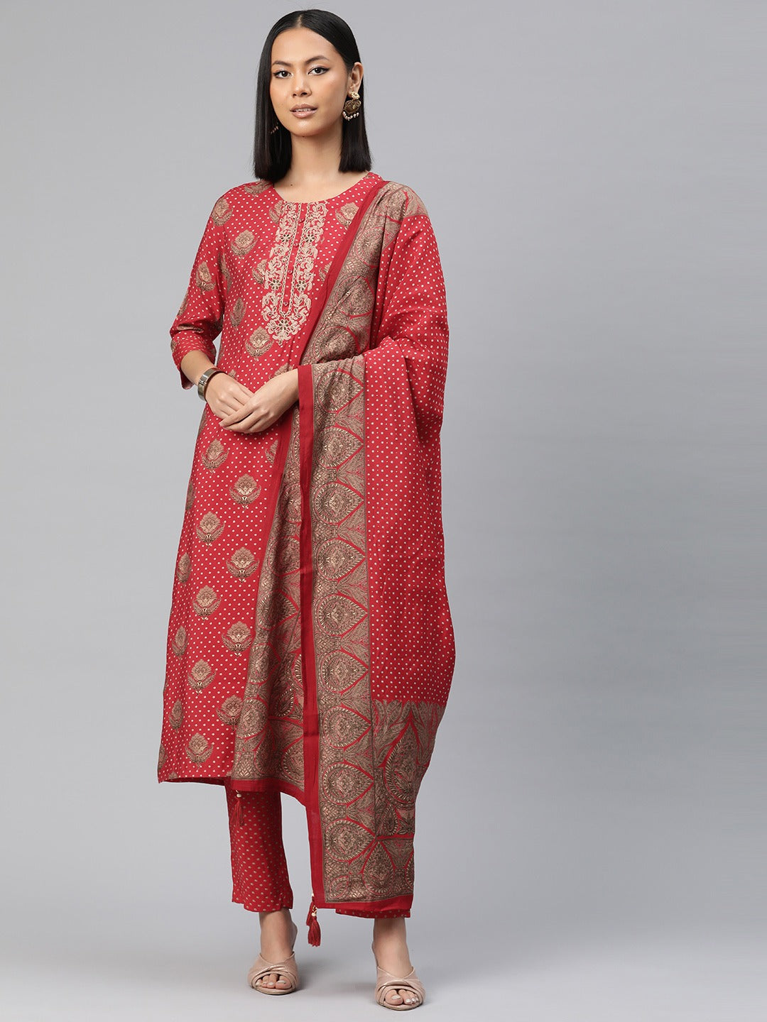 Straight Style Silk Fabric Red Color Printed Kurti With Palazzo And Dupatta With Printed Work