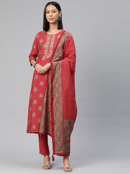 Straight Style Silk Fabric Red Color Printed Kurti With Palazzo And Dupatta With Printed Work