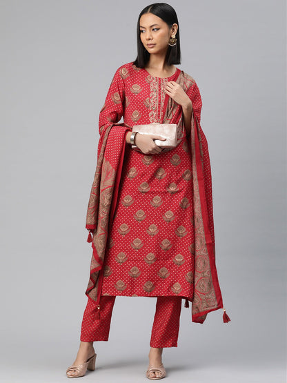 Straight Style Silk Fabric Red Color Printed Kurti With Palazzo And Dupatta With Printed Work