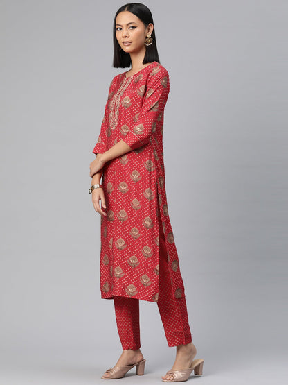Straight Style Silk Fabric Red Color Printed Kurti With Palazzo And Dupatta With Printed Work